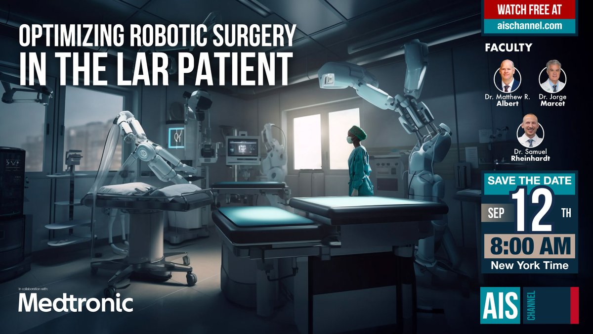 ⏰ Just one hour left! 'Optimizing Robotic Surgery in the LAR patient' featuring Dr. Samuel Rheinhardt, @TAMISYoda @JorgeEMarcet, remember 8am EST. All this and more for FREE on aischannel.com/live-surgery/o… Don't miss this valuable discussion! @Medtronic #IamIAS #SurgicalTraining
