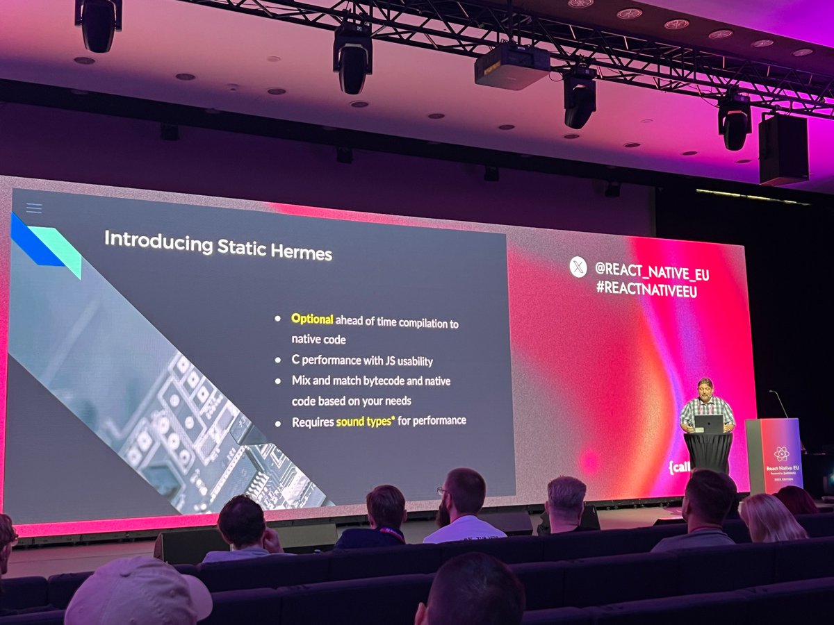 mdj_dev's tweet image. Another great news for #ReactNative future: Static Hermes will be able to compile your JS code to optimized native (not bytecode!) for improved performance! That’s like AOT version of V8 JIT but without JIT. @tmikov 👏👏 👏

There will be less reasons to escape to native for high…