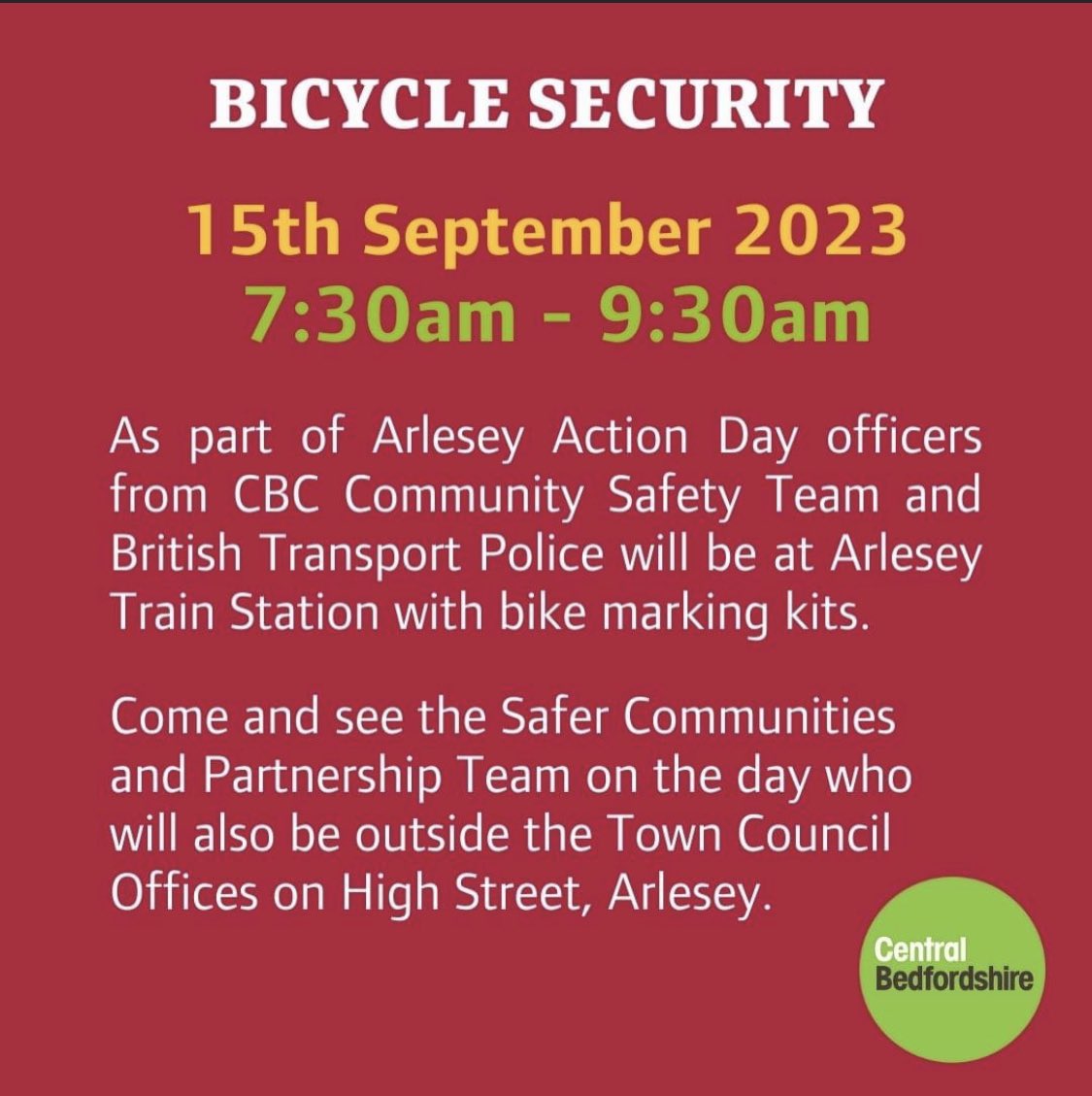 Bike marking at Arlesey Station next week with @letstalkcentral @BTPBedHertBucks @TLRailUK @ArleseyTC Bring your bikes! 🚲👮‍♂️🚂🚔