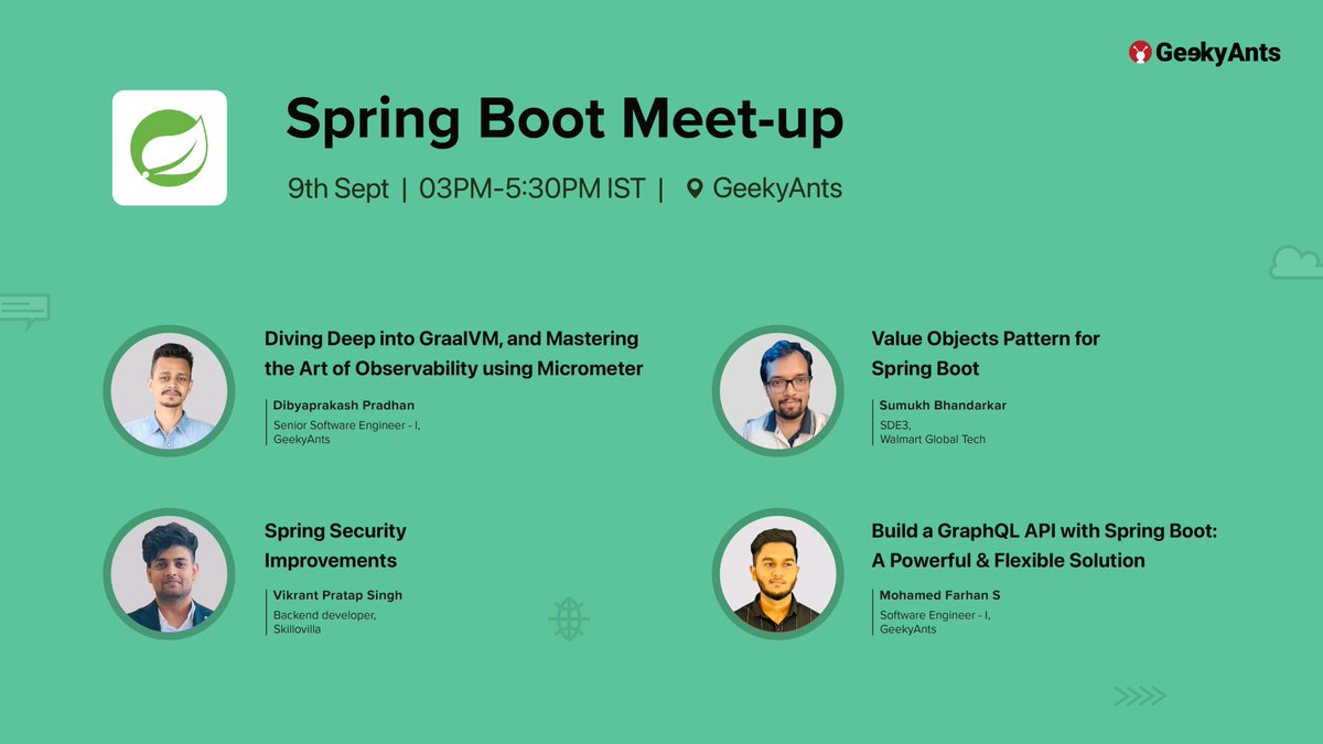 geekyants's tweet photo. 1 DAY TO GO for the Spring Boot meet-up. 🚀🎉

Have you registered yet?🔗https://t.co/5m1EopFaNy

If you can't attend offline, here is the YouTube link : https://t.co/MgD7QovHg2

We are super excited. Are you?👀
Tell us in the comments!

#SpringBoot #OfflineMeetup  #API #Coding https://t.co/Mo2o1bmkUn
