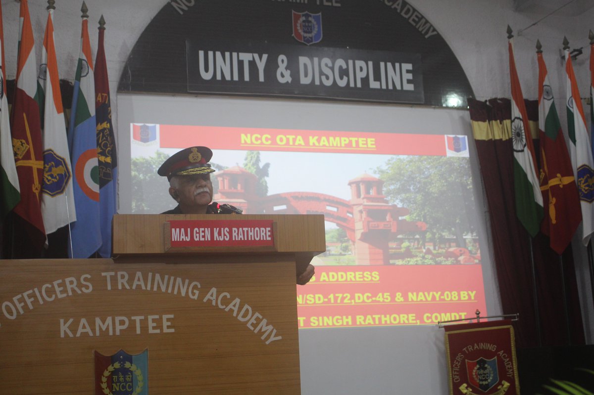 NCC_OTA_Kamptee's tweet photo. Closing Address marking the culmination of #training was conducted for the Passing Out #PRCN Course on 08 Sep 2023. Meritorious ANOs were felicitated by Comdt #NCC OTA (K), Maj Gen KJS Rathore.
@HQ_DG_NCC
@SpokespersonMoD
@PRODefNgp https://t.co/C5GEwje4j6