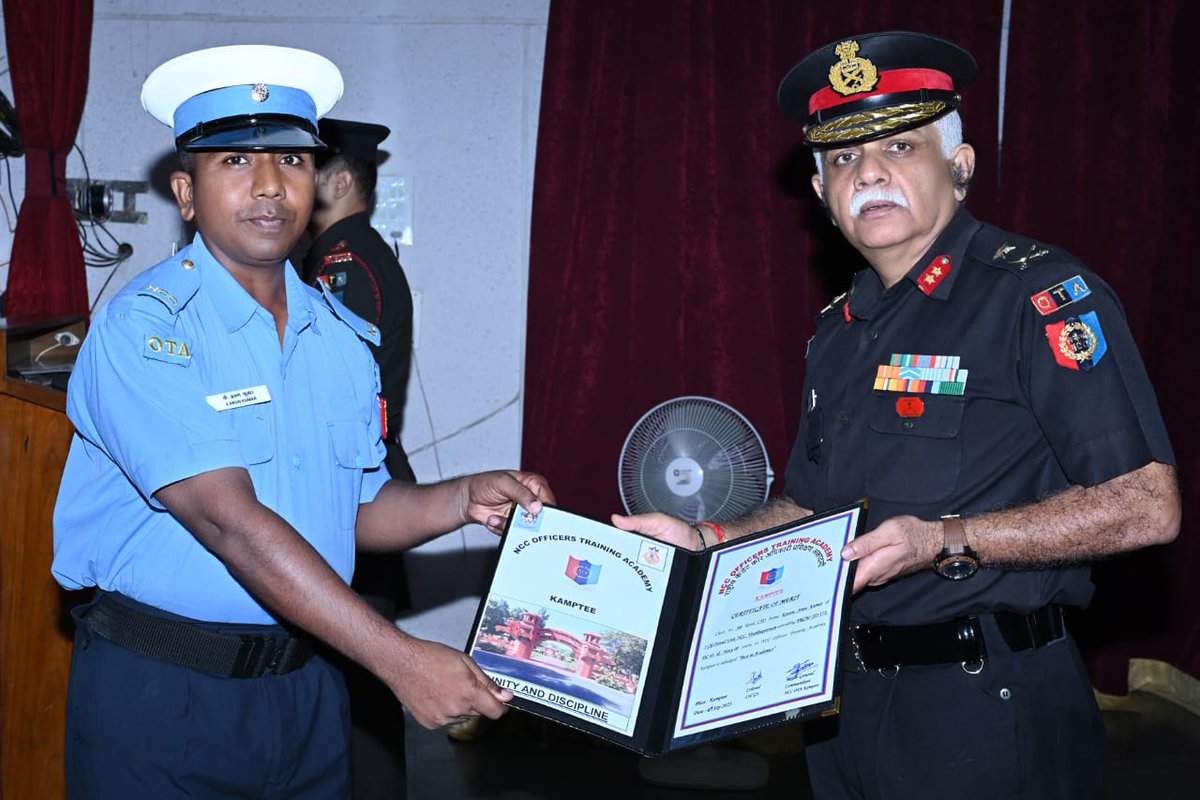 NCC_OTA_Kamptee's tweet photo. Closing Address marking the culmination of #training was conducted for the Passing Out #PRCN Course on 08 Sep 2023. Meritorious ANOs were felicitated by Comdt #NCC OTA (K), Maj Gen KJS Rathore.
@HQ_DG_NCC
@SpokespersonMoD
@PRODefNgp https://t.co/C5GEwje4j6