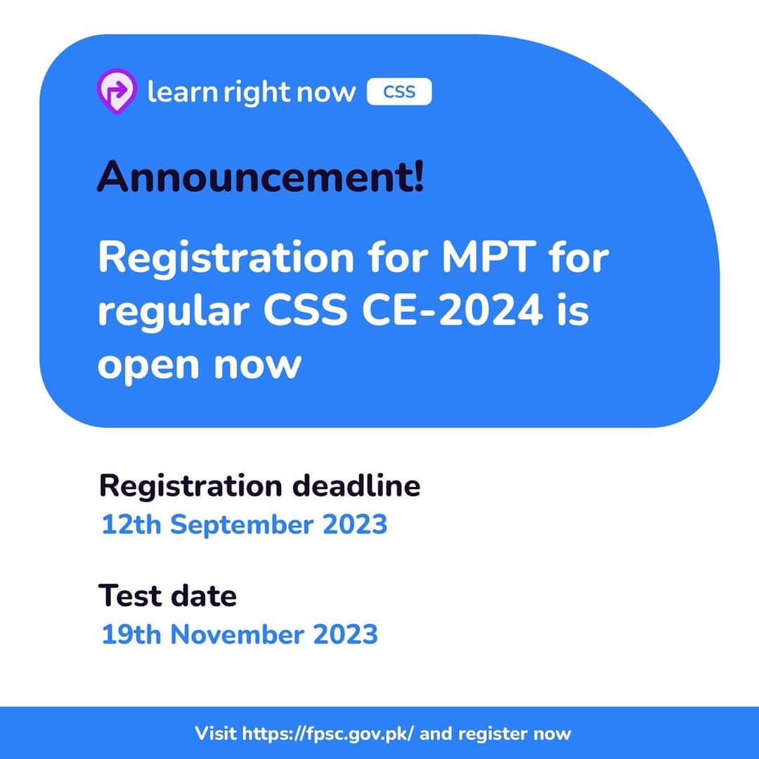 LearnRightNowHQ's tweet photo. 📢 HURRY UP! Apply now online before 12 Sep 2023 for the Multiple MCQs Based Preliminary Test (MPT) - Regular #CSS2024 &amp; secure your entry to the main written civil service exam.

🔗 Visit @OfficialFpsc website for registration. https://t.co/1b5wSKGO9U