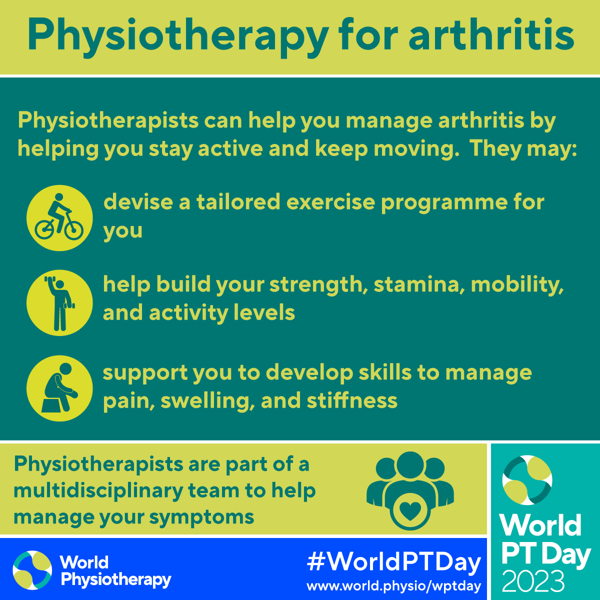 physiotolos's tweet photo. #WorldPTDay is celebrated every year on September 8, founding day of @WorldPhysio1951. The focus for this year is on arthritis. 
https://t.co/2MeqTqTjOI 
#WorldPTDay2023 #GlobalPT #arthritis #physiotherapy #PhysicalTherapy https://t.co/WHVavALYkV
