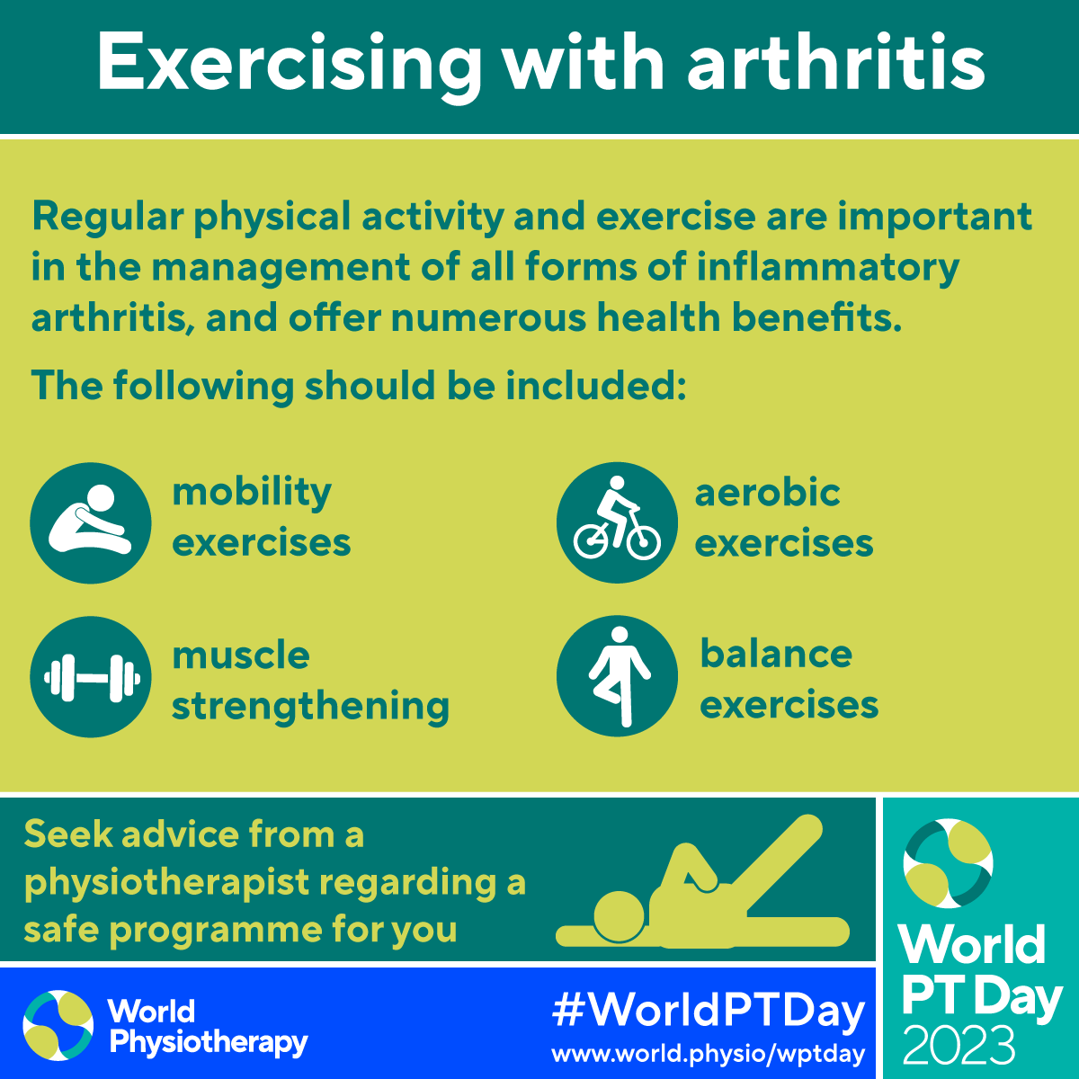physiotolos's tweet photo. #WorldPTDay is celebrated every year on September 8, founding day of @WorldPhysio1951. The focus for this year is on arthritis. 
https://t.co/2MeqTqTjOI 
#WorldPTDay2023 #GlobalPT #arthritis #physiotherapy #PhysicalTherapy https://t.co/WHVavALYkV