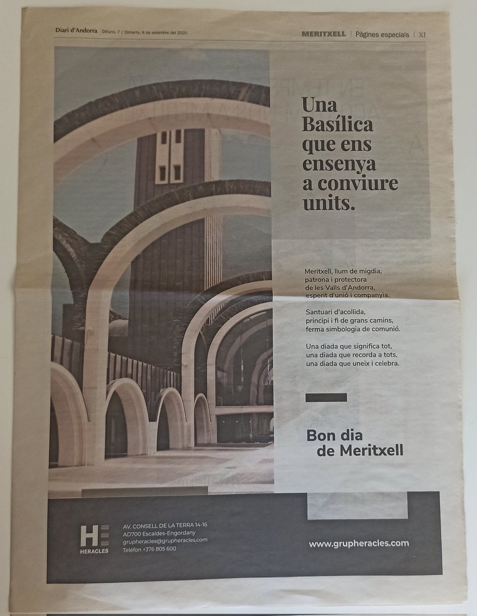 Fa 3 anys vaig tenir el privilegi de conceptualitzar l'anunci de Grup Heracles al <a href="/diariandorra/">Diari d'Andorra</a> en un dia tant especial com el d'avui. Finalment va quedar així, un poema de fraternitat, història, país i celebració. #Meritxell #Andorra
