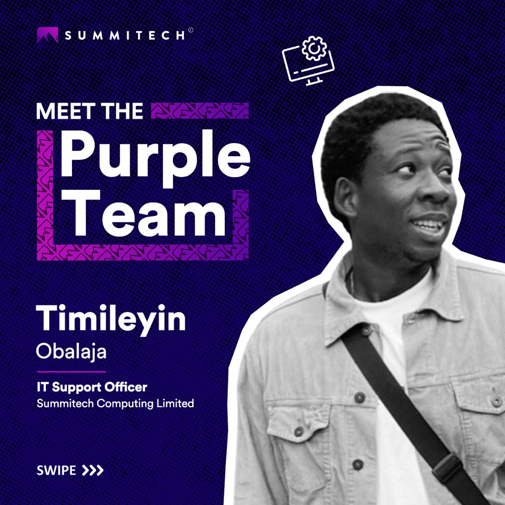 SummitechIO's tweet photo. Let us take a deep dive into the Purple Team.
Meet Timilehin Obalaja, our IT Support Officer, as he tells us more about his role in the company.
We also get to know how he values work, and his insightful philosophy of life.
#meetthepurpleteam #thepurpleteam #techadministrator https://t.co/QzwpxsL9wH