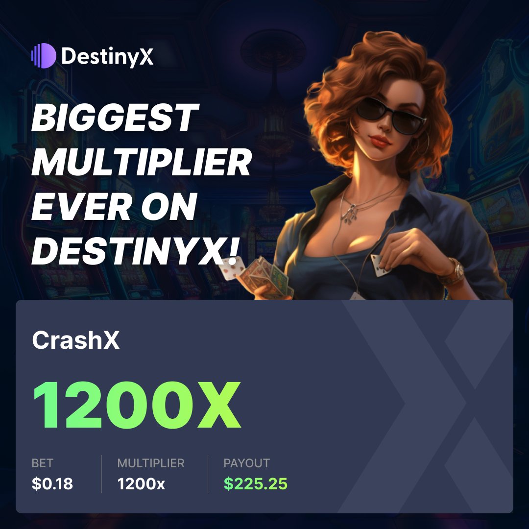 playdestinyx's tweet photo. Congrats to the user who has taken the title of Biggest X Multiplier ever on #DestinyX 🔥
$0.18 ⏩ $225.25 on #crashX
1200X 👏
https://t.co/YqBZlHPQIw https://t.co/eOf5xEmyqa
