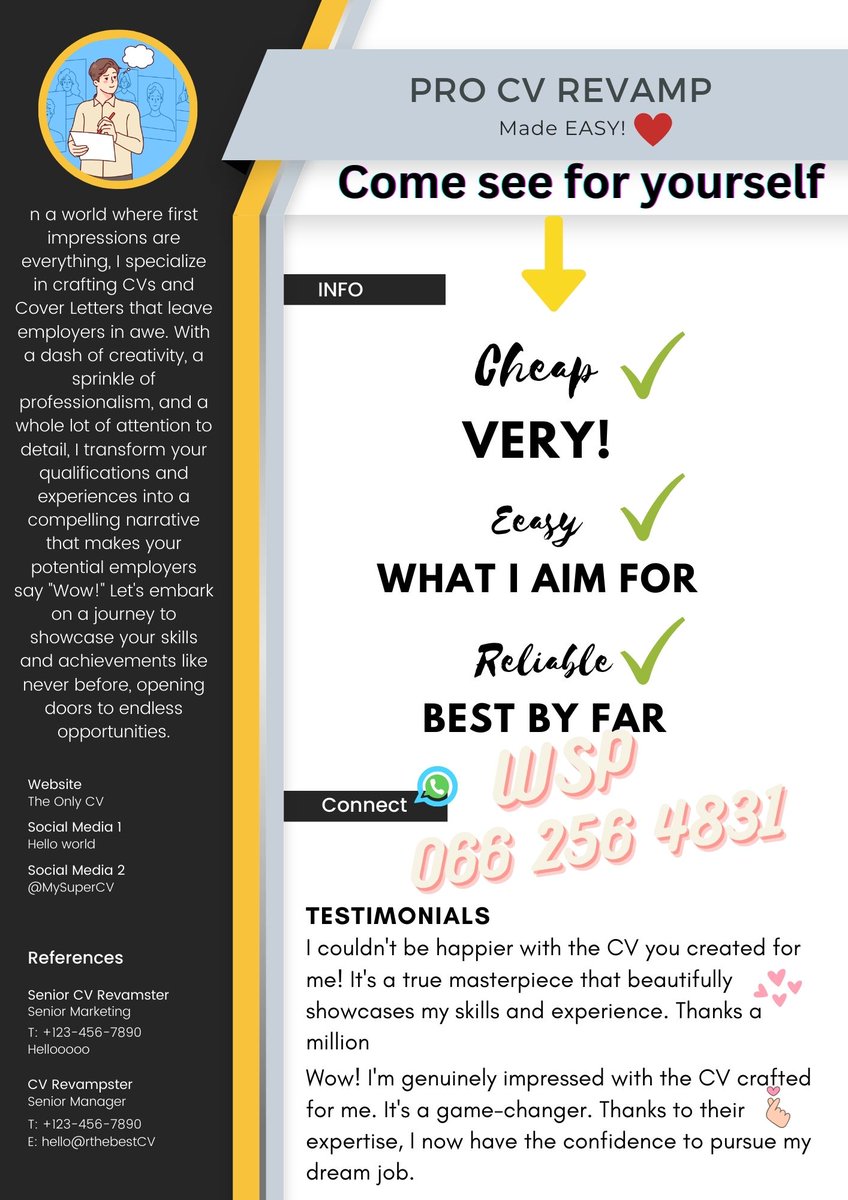 ProCVMadeEASY's tweet photo. How to Create an Amazing CV and Cover Letter for Your Job Search π
1/ Hey there, job seekers! π In today's thread, I'll be sharing some tips and strategies to help you craft a killer CV and Cover Letter that will make your job search a breeze.
-
#InsuranceMinusTheMyth https://t.co/4D1WcD0Nq2
