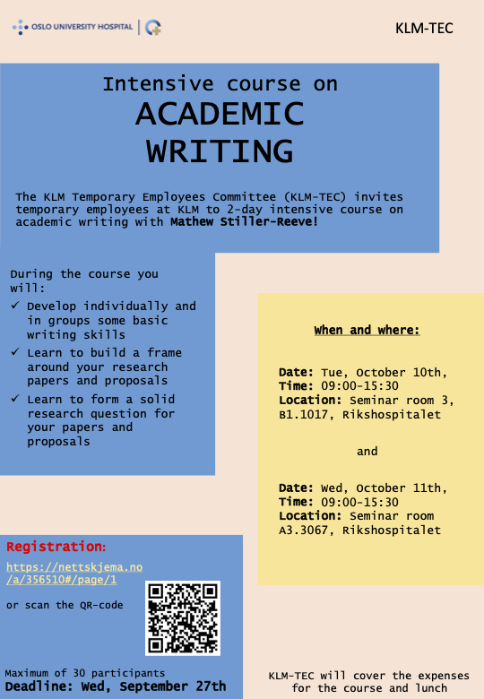OUS_KLM_Temp's tweet photo. 🌟 Attention Temporary KLM Employees! 📚 Join us for another round of success! 🌟 Don't miss Mathew Stiller Reeve's academic writing course on October 10th and 11th. 🖋️✨ Register here: https://t.co/AndrmPncYH  @MonsoonMat #AcademicWriting #LearningOpportunity https://t.co/f3rQIKGsNY
