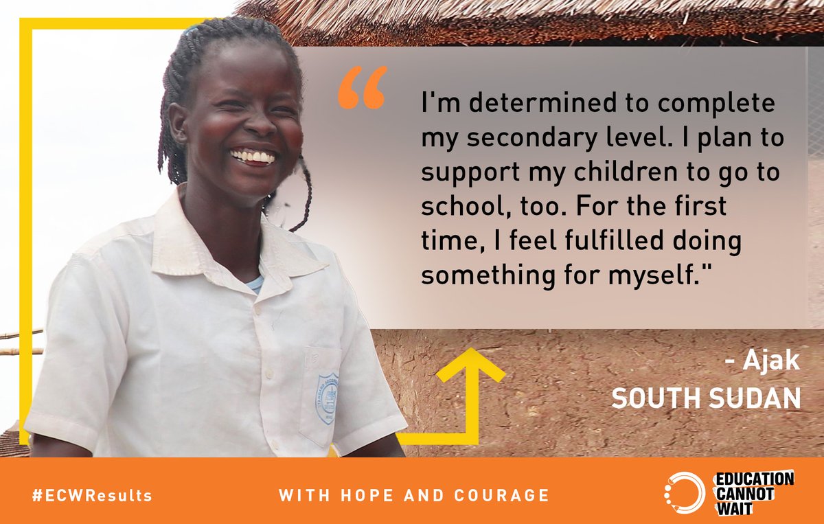 'I'm determined to complete my secondary level. I plan to support my children to go to school. For the first time, I feel fulfilled doing something for myself.' ~Ajak, 🇸🇸

#ECW-support is bringing young mothers like Ajak back to school!

👉bit.ly/ECWResults22
@UN #ECWResults