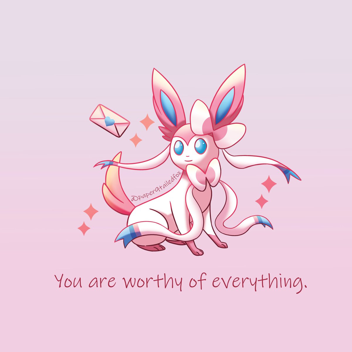 paper9tailedfox's tweet photo. “You are worthy of everything.” 

#slyveon #eevee #eeveelution #sylveonart https://t.co/nDvJs5taLP