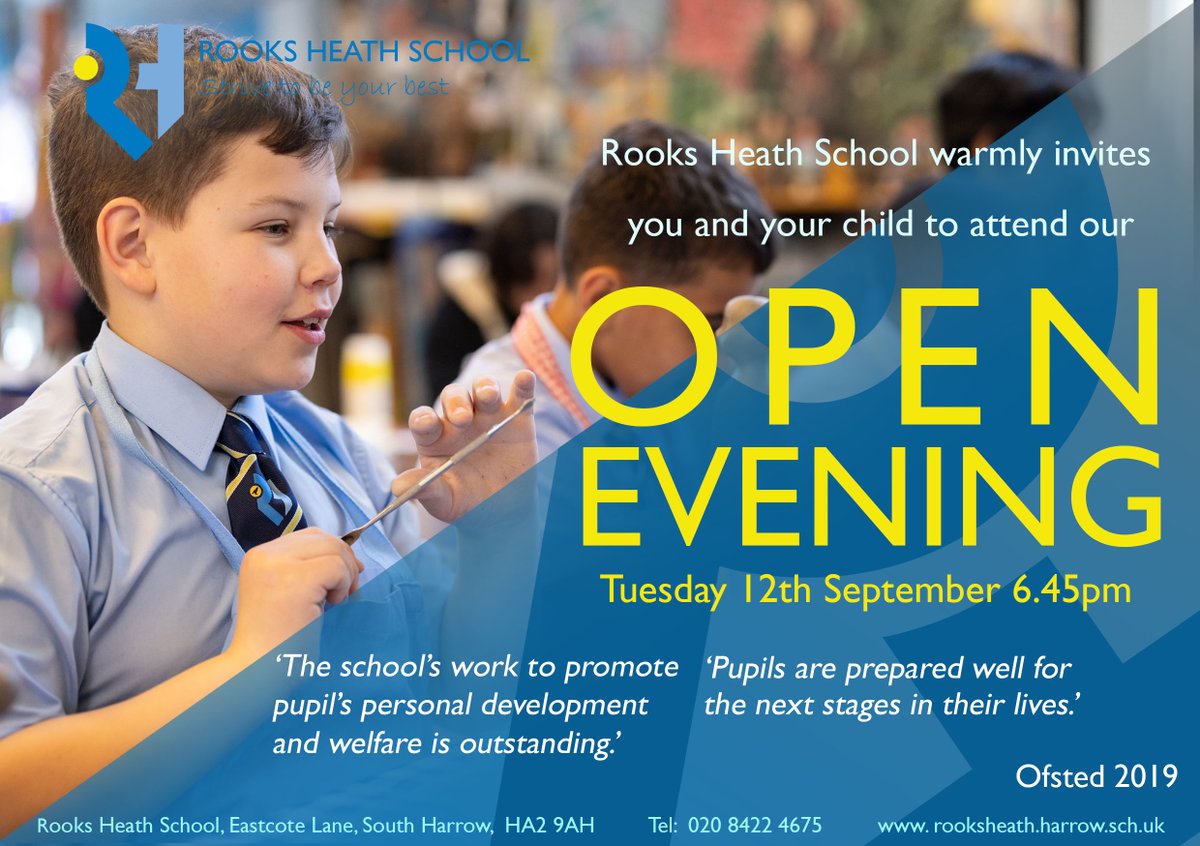 We would like to remind Parents and Carers of all Year 6 students that Rooks Heath will be holding its Open Evening on Tuesday 12th September. Please arrive in time for a 6:45pm start.
We look forward to seeing you!

#openevening #rooksheathschool #rooksheathcommunity #year6