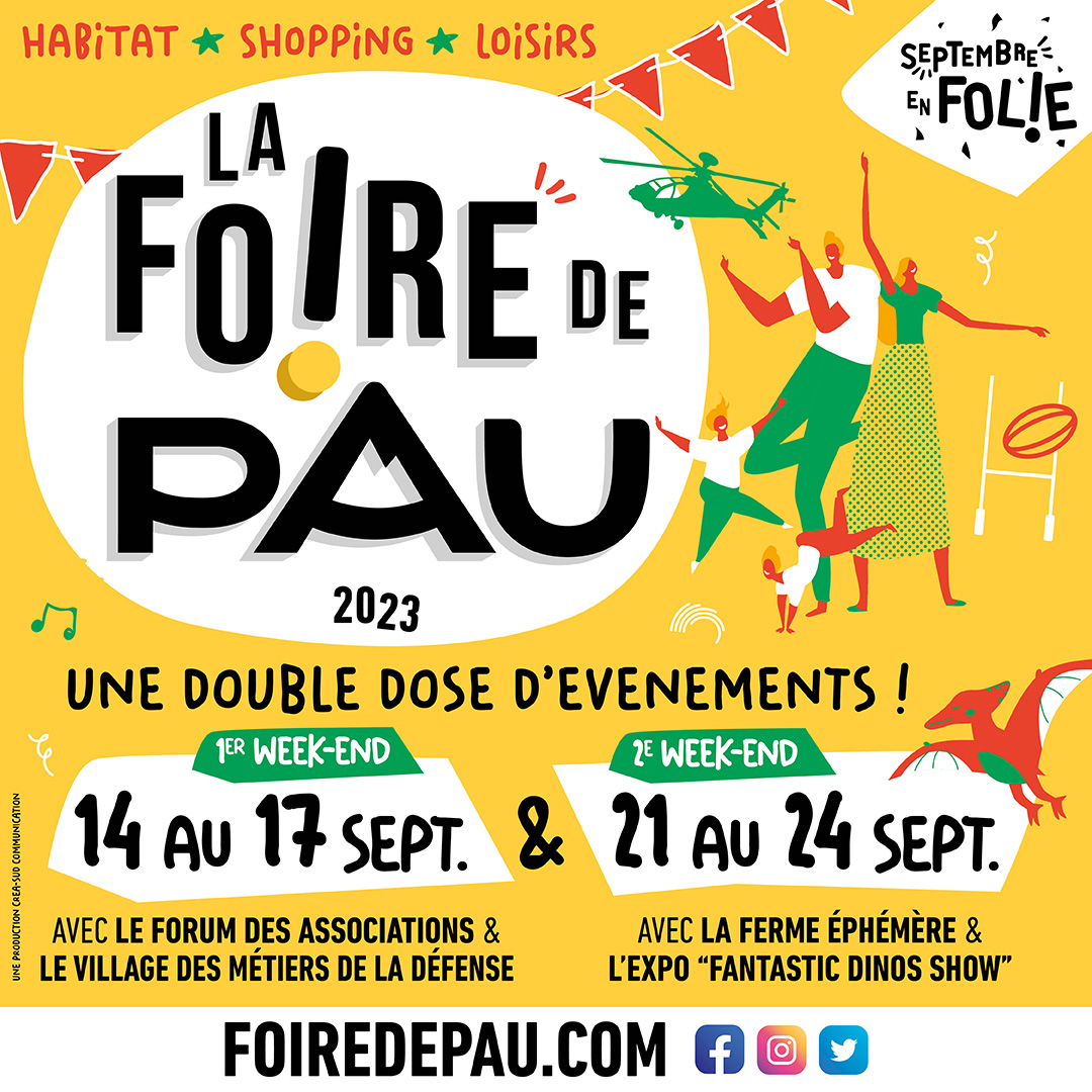 La <a href="/FoiredePau/">Foire de Pau</a> se déroule désormais sur 2 longs week-ends de 3 jours, chacun précédé le jeudi d’une soirée “avant-première” gratuite qui transformera l’esplanade extérieure du Parc des Expositions en FAN ZONE de la Coupe du Monde de Rugby🏉
Le programme ▶ foiredepau.com/la-foire-2023/