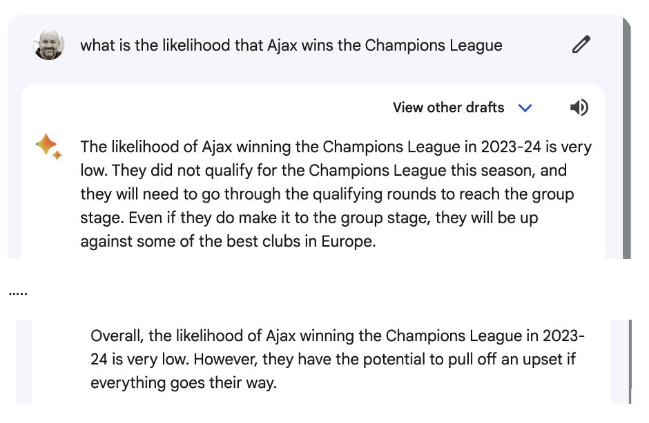 🤣🤣🤣 'very low' in this case is 0%, @AFCAjax does not play in the UCL, not even in the Q rounds. It would indeed be quite a miraculous upset if they would win it... #funwithgenai #ajax
