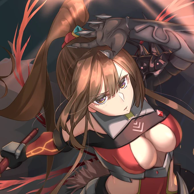 椿芽【アルファルドコス】 割と初期に実装されたヴィジュアルワークスデザインのコスチューム メモカも無ければストーリーも無い なので語る思い出も特に無いけど印象にだけは残ってます  ちなみに胸の矢印みたいなエンブレムがヴィジュアルワークスのロゴだそうです