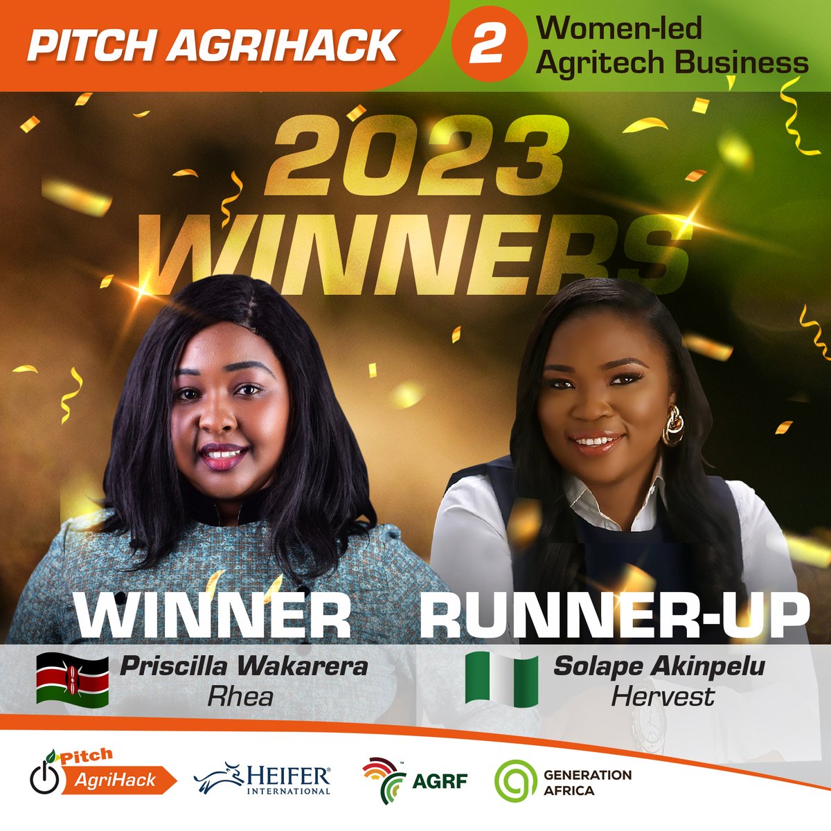 GoGettazAfrica's tweet photo. ๐๐ฉโ๐พ Congratulations to the Women-Led Agribusiness Winners of @PitchAgriHack 2023! ๐
๐ฅ Priscilla Wakarera, @rhea_soilhealth, ๐ฐ๐ช
๐ฑ https://t.co/ZCWcNPv0tR
๐ฅ Solape Akinpelu, @Hervestng, ๐ณ๐ฌ
๐ฑ https://t.co/OYW5kYp7sn
#AgTech4EVA
@AGRA_Africa @Heifer @TheAGRF #AGRF2023 https://t.co/zkjY8PlOiy