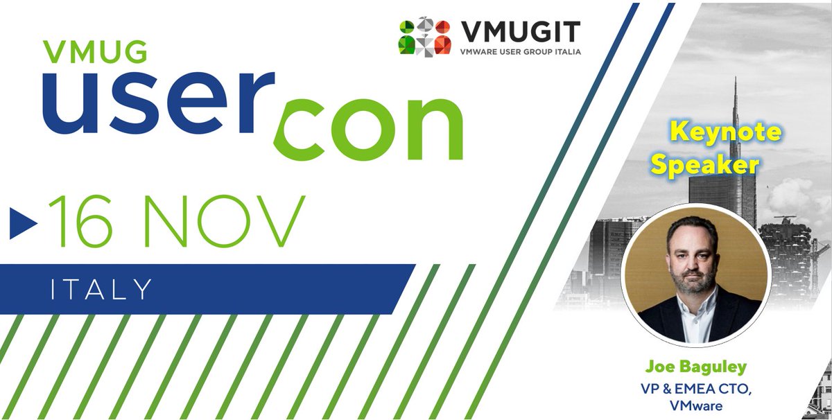It's Friday - time for some good news from #VMUGIT! We're thrilled to announce <a href="/JoeBaguley/">J8y</a> (VP &amp; EMEA CTO <a href="/VMware/">VMware</a>)  as Keynote Speaker for our upcoming #UserCon (Milan, November 16th). You don't want to miss this session!

👉 Info &amp; Registration: my.vmug.com/s/community-ev…