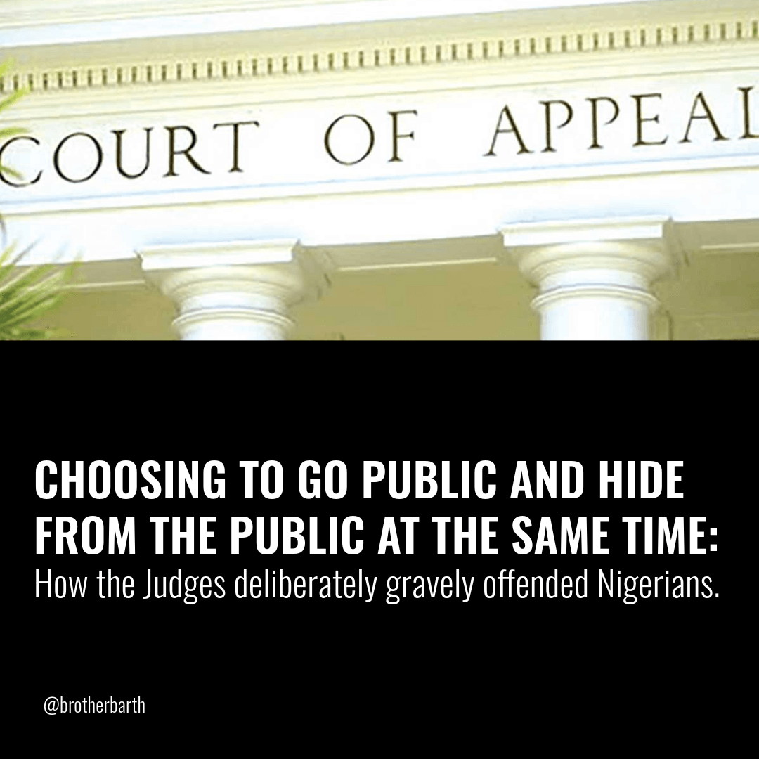 brotherbarth's tweet photo. CHOOSING TO GO PUBLIC AND HIDE FROM THE PUBLIC AT THE SAME TIME: How the Judges deliberately gravely offended Nigerians.

1. There is only one logical reason the Judges will hide their faces from the people while reading out Judgement (which by themselves they decided to stream live), is that they know that the judgement will not only be against the people’s will but will gravely offend them.

2. How do you go public and chose to hide from the public at the same time?

3. So, the Judges’ hiding behind the camera may have been a safety measure against exposure to public embarrassment and assaults from the people which could be made easier if their current faces (not the official portraits that have been in circulation) are known to the people.

4. But why go ahead to do what you know fully well is not right? Why deliberately offend people, and believe that by hiding your face behind the camera you will make it impossible for them to identify you in public? In this age of internet?

5. In the Catholic faith, sin is broadly categorised into two kinds namely, venial sin and mortal sin. A venial sin can simply be defined as a ‘small sin.’ It is a minor offense not deeply thought through before committing. An example could be an impulsive speaking harshly to another during an intense argument in as much as the harsh expression is not grave and intentionally made to deeply hurt the other.

6. A mortal sin, however, is such that the offense is a grave matter, the offender is fully and consciously aware that it is a grave matter, and yet out wilfully decided, and committed it. It is referred to as ‘mortal’ because it disconnects man from God. Not that God cuts off from the person who committed a mortal sin, but that the individual of his/her own freewill cut themselves from God by doing what God detests, condemns and eternally abhors.

7. It is of God to judge the Judges of human courts. Nevertheless, it strongly seems that the Judges choosing to deliberately hide their faces from the people’s views is because they had decided to commit a grave offense against them, and thus deem it necessarily to make it difficult for the people to imprint their facial features in their mind, and thus unable to easily identify them in public. This may be a good example of what could constitute mortal sin.

8. Everyone want their good works to be seen. Corporations pay hundreds of millions of dollars for advertisement and public promotion of their goods and services because those that will patronise them will in the first place have to know them and have good impression about them. Many instances exist where brand ambassadors of big corporations have had their contracts either suspended or outrightly cancelled because the individual’s personality gets entrapped in scandal that is considered a bad image for the brand.

9. Good is proud when exposed, bad (evil) is not. Couples could kiss in public, and people will clap for them and celebrate their expression of love, but adulterers can’t, and the reason needs no explanation. Whatever is done in the hiding is most likely evil. Truth dies in darkness (@DeleFarotimi )

10. My sincere prayer is that the hearts of the Judges are inspired to retreat, recollect, and make amend of their offenses to God and man before it is too late. I know there will be those that will call me “Jesus’ PA” upon reading this. That is fine. What is important is that the Word has been proclaimed as inspired.

11. I also prayer is that what the lower court has failed to do well, the higher court must not fail to make right. Every Judge of earthly court must never lose the sight of the heavenly court to which all will face. The Judges of the earth to which great privilege was given to adjudicate and play ‘God’ among men, will have the privilege of the strictest judgement before the eternal Judge.

12. Nigerians deserve to be happiest when in Nigeria. Let the Judges use their good offices to make this happen, or at least set the journey to its realisation off.

13. Peace be with you dear reader!

#AllEyesOnTheJudiciary