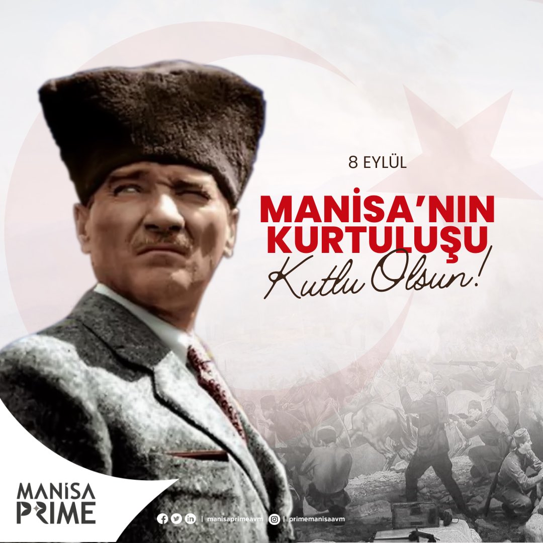 Manisa’nın düşman işgalinden kurtuluşunun 101.Yılı kutlu olsun. 
 
Başta Gazi Mustafa Kemal Atatürk olmak üzere tüm kahramanlarımızı minnet ve saygıyla anıyoruz.

#ManisaPrimeAVM #ManisaPrimeHayatınMerkezinde #Manisa #8eylülmanisanınkurtuluşu