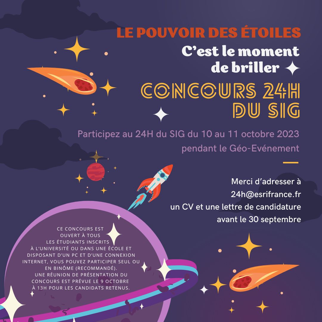 📢 Vous êtes étudiant(e) &amp; vous connaissez les SIGs ?

👉👉 Ce concours est fait pour vous ! 👈 👈

🎁 De très beaux cadeaux à gagner ! 🎁

✉ Inscription : 24h@esrifrance.fr

#concours #sig #etudiant #arcgis #universite