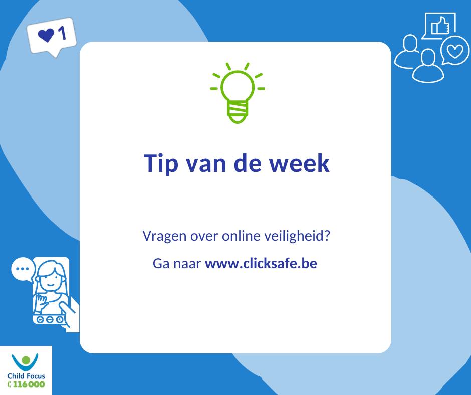 Heb je vragen over de online veiligheid van je kind?
Ontdek een reeks tips &amp; tools op 👉👉 clicksafe.be
#samenzorgenvoorveiligheid #cybersafe #cybercrime <a href="/ChildFocusNL/">Child Focus België</a>