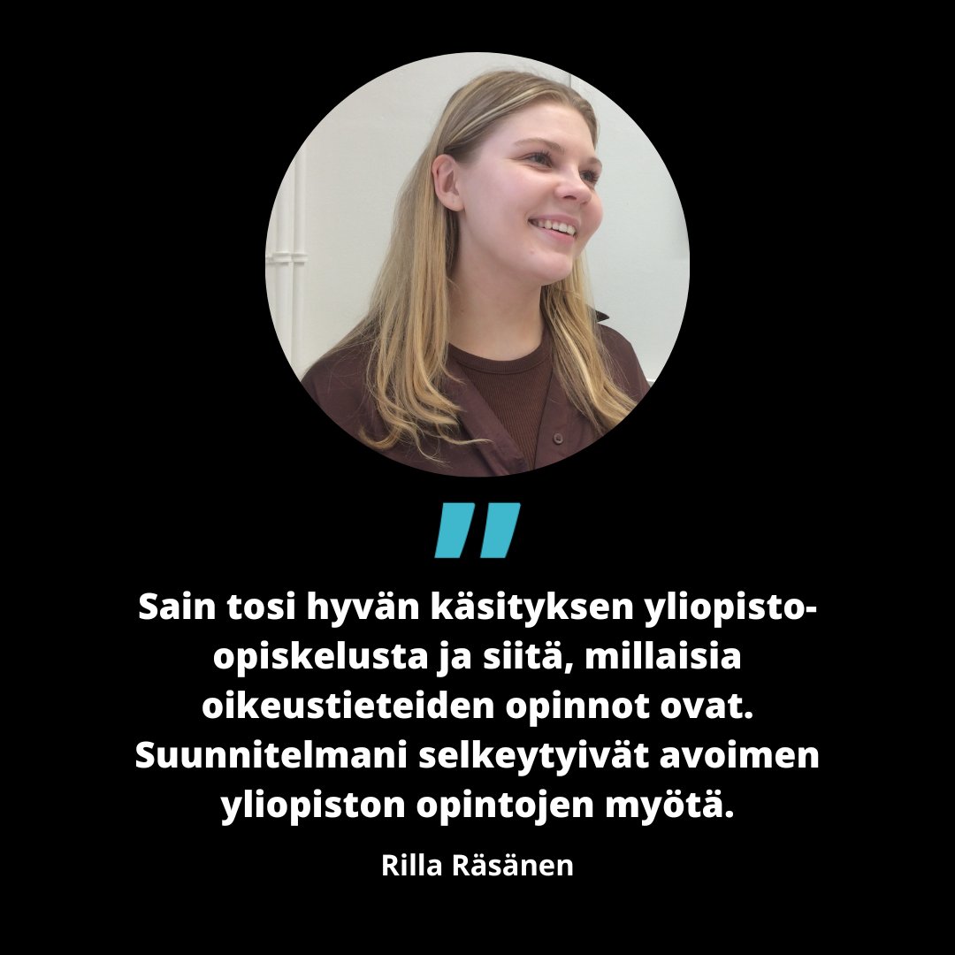 UEFsmartforgood's tweet photo. 📚Rilla Räsänen suoritti lukioaikanaan #avoinyliopisto'ssa oikeustieteiden perusteiden opintojakson sekä juridisen kirjoittamisen ja tiedonhankinnan kurssit. Opinnot antoivat kuvan yliopisto-opinnoista ja mahdollisti tutustumisen kiinnostavaan alaan.

📝 https://t.co/2SFhfQtG3j https://t.co/OvQEpQUTXD