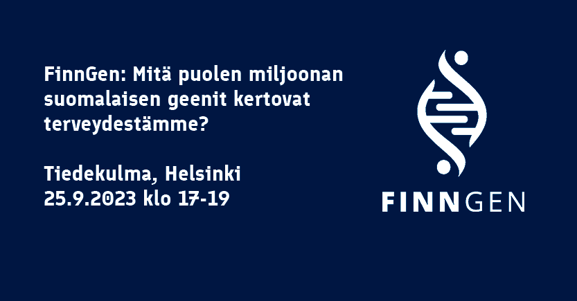 FinnGen-tutkimuksen näytekeräysvaihe on saatu päätökseen. Tervetuloa Helsingin yliopiston Tiedekulmaan 25.9.2023 klo 17 kuulemaan lisää  jo saavutetuista tuloksista, tulevaisuuden suunnitelmista ja tuotetun tiedon hyödyntämisestä terveyden edistämiseksi!
finngen.fi/fi/tervetuloa-…