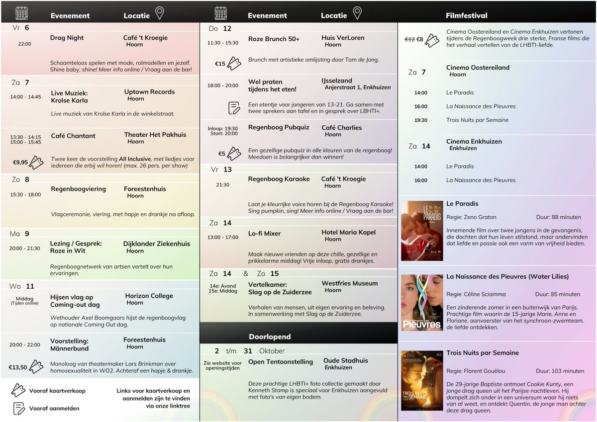 🌈 Van 6 tot 15 oktober vieren we de Regenboogweek in West-Friesland! 🏳️‍🌈 De aftrap vindt plaats op 6 oktober om 22:00 uur bij Cafe 't Kroegie in Hoorn met een spectaculaire Drag Night! Mis het niet! Meer info: linktr.ee/lhbti_westfrie…