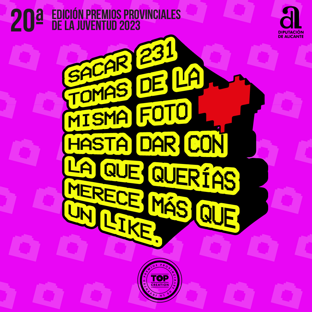 dipuALCjuventud's tweet photo. Conviértete en TOPCREATION de la categoría #fotografiadigital
Demuéstranos qué puedes hacer con tu cámara. Participa en la 20ª Edición de los Premios Provinciales de la Juventud de la @diputacionalicante y conviértete en #TopCreation.
#topcreation2023 #merecesmasqueunlike https://t.co/km3USHmRhs