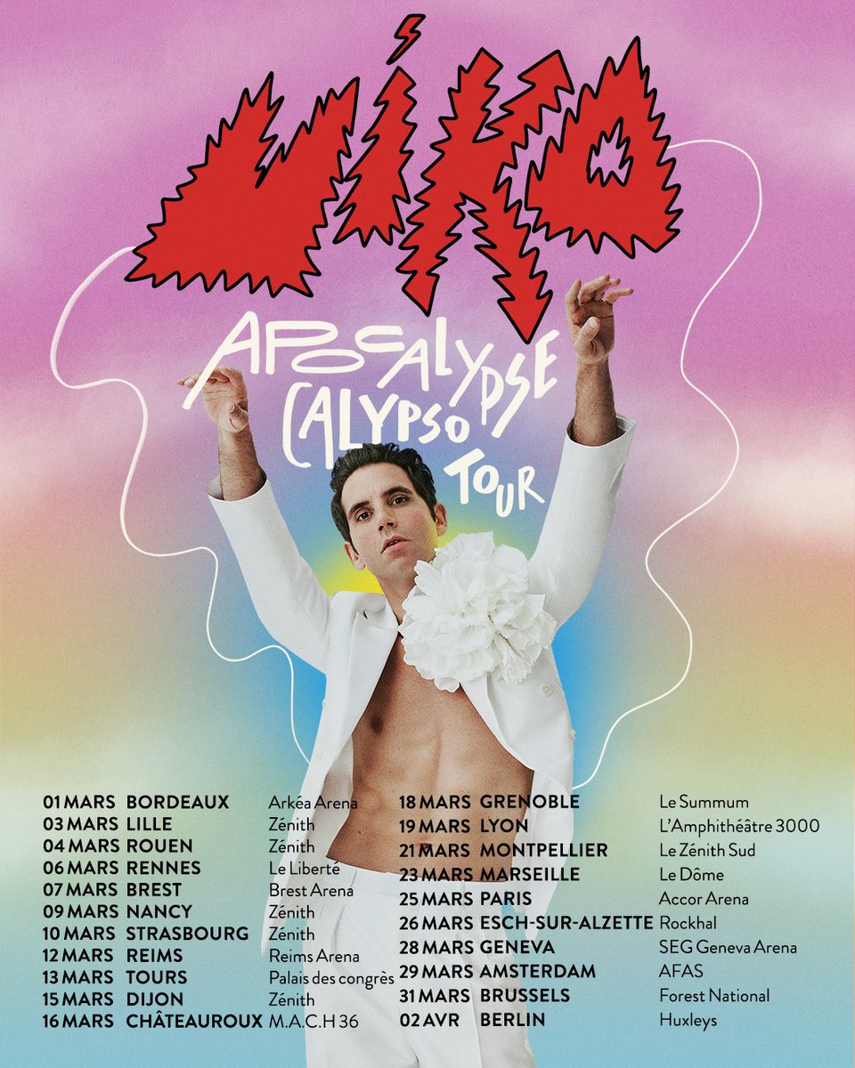 mikasounds's tweet photo. Hey everybody! I have something very cool to announce to you all! The Apocalypse Calypso Tour!!
 
I’m thrilled to announce dates across 16 cities in France and also shows in Luxembourg, Switzerland, Belgium, the Netherlands and for the first time in a very long time…Germany!  Get ready for the Apocalypse Calypso tour, coming to a city near you in 2024!
 
Tickets will be on general sale from Friday 15th September, 10AM French time!
 
Salut, tout le monde ! J'ai quelque chose de très cool à vous annoncer ! L'Apocalypse Calypso Tour !
 
Je suis heureux d'annoncer des dates dans 16 villes en France, ainsi qu'au Luxembourg, en Suisse, en Belgique, aux Pays-Bas et pour la première fois depuis très longtemps... en Allemagne !  Préparez-vous pour l’Apocalypse Calypso Tour, qui passera dans une ville près de chez vous en 2024 !
 
Les billets seront mis en vente à partir du vendredi 15 septembre à 10h !
 
#mika #mikatour #apocalypsecalypso #tour