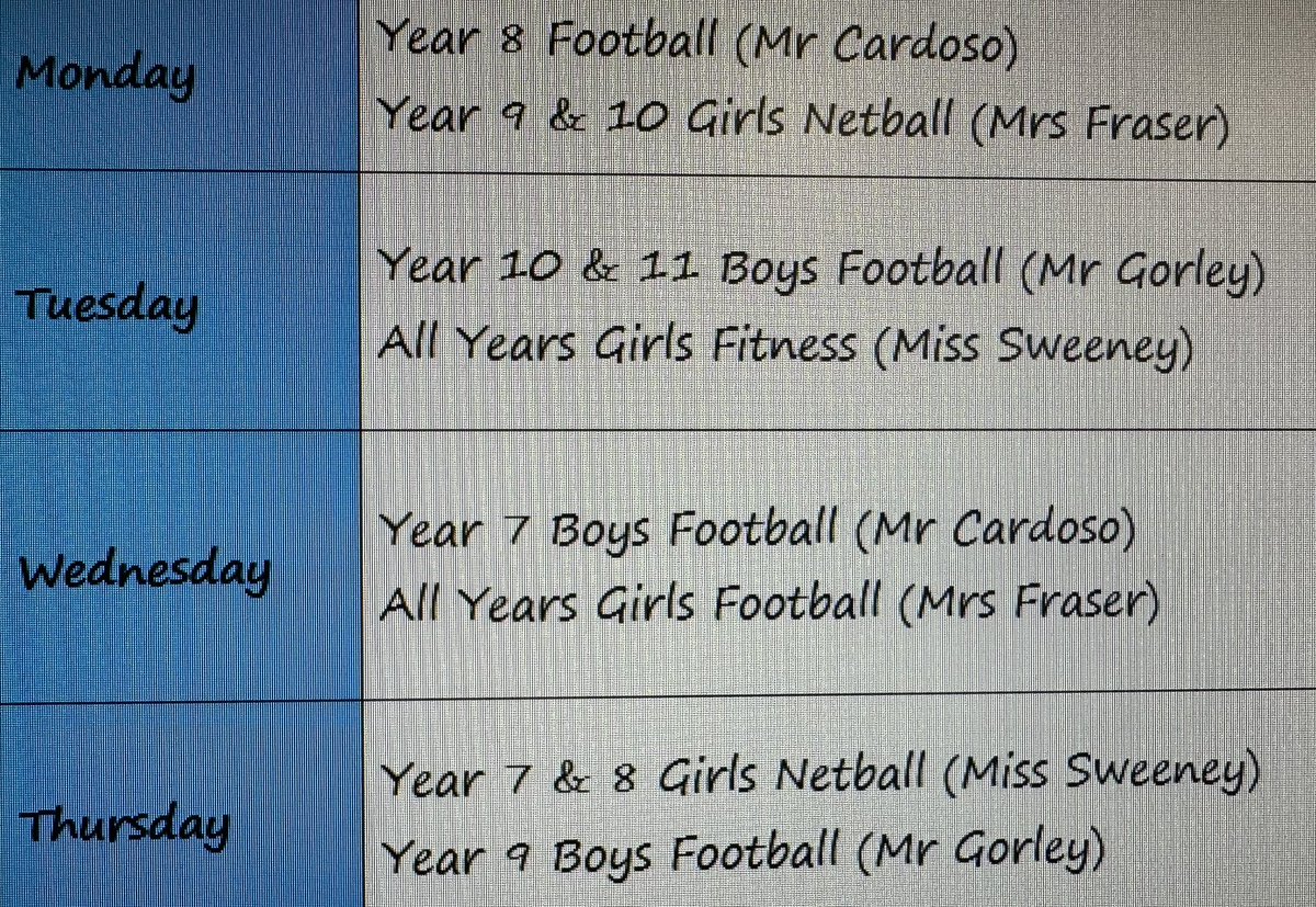PE clubs starting Monday 11th September. Speak to the PE department for more info #getinvolved
