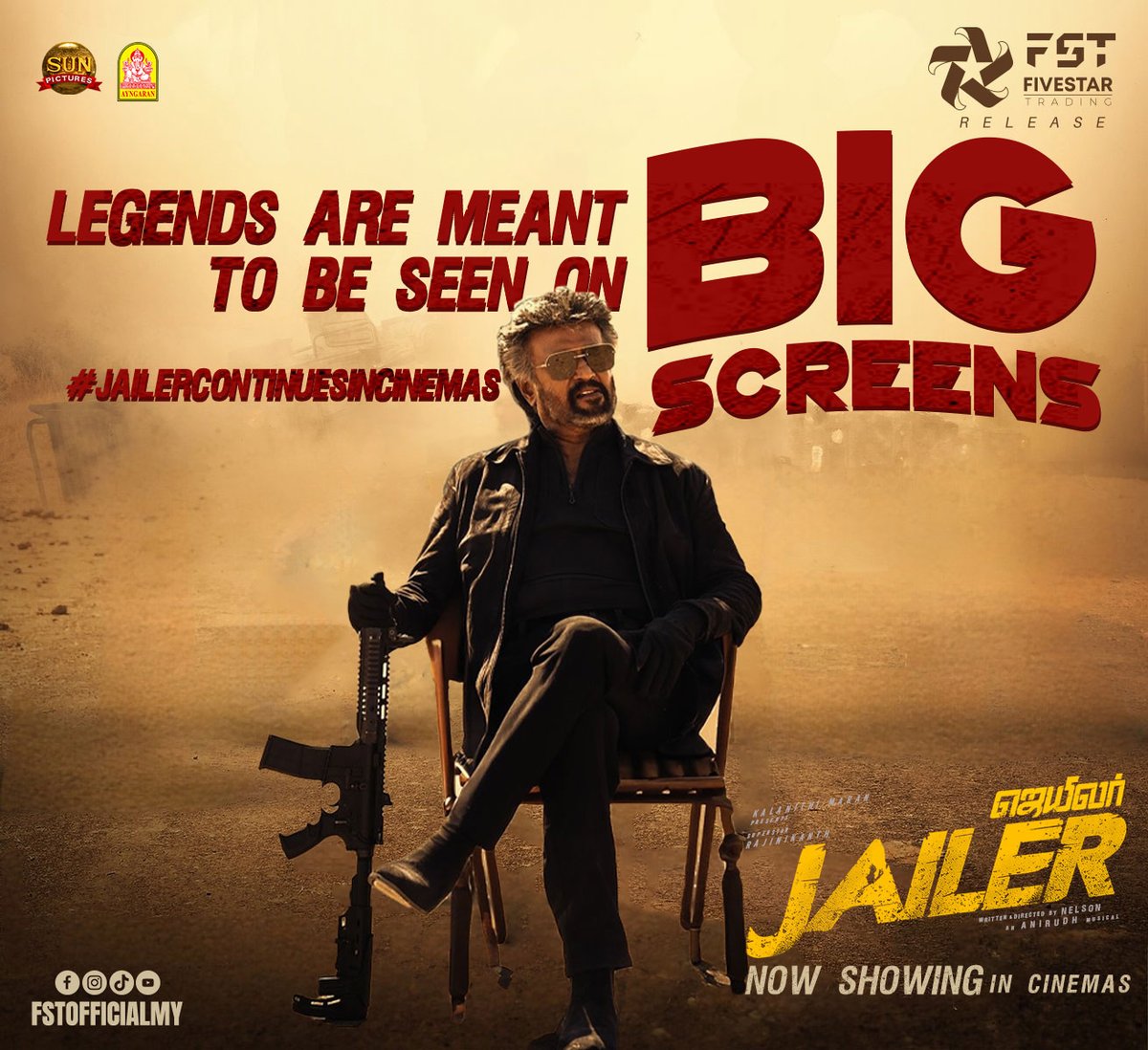 LFSCinemasMY's tweet photo. Some things are meant to be seen in a BIGGER PICTURE ๐ฅ
#JailerContinuesInCinemas ๐
@rajinikanth @Nelsondilpkumar @anirudhofficial
@Mohanlal @NimmaShivanna
@iamvasanthravi @suneeltollywood @iYogiBabu
@sunpictures #TheOGIsBack #FiveStarTrading https://t.co/eqV6EQCXxT