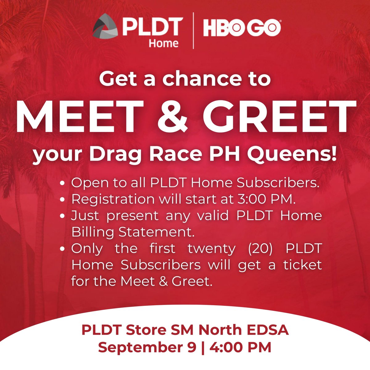 Get up close and personal with our #DragRacePH Queens @matilduh_ @DeeDeeMarieH & @PreciousPaulaN tomorrow, 4 PM at the PLDT Store, 3rd floor SM North Edsa Annex Building! 3/4
