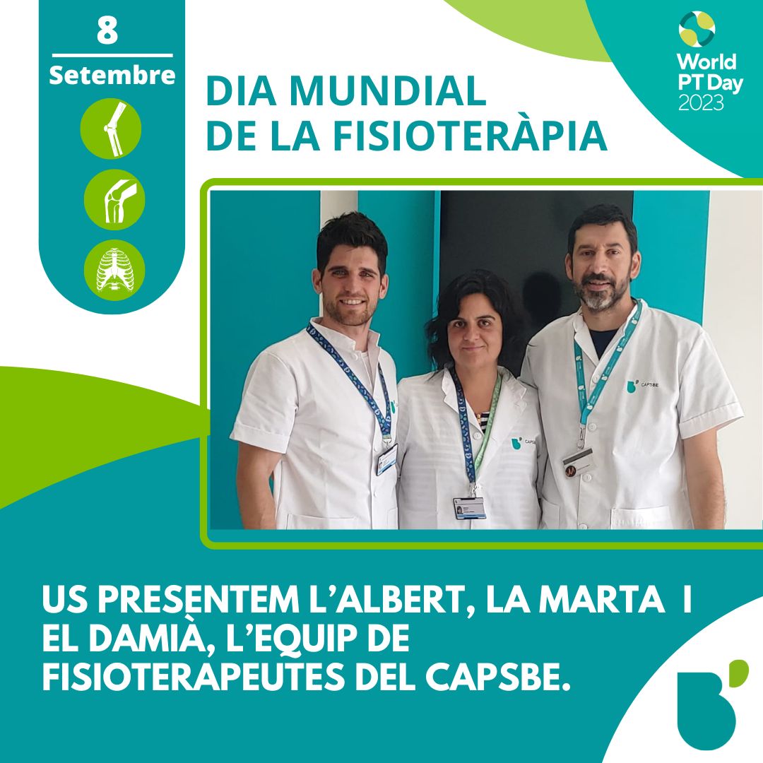 CAPSBEsq's tweet photo. Feliç Dia Mundial de la Fisioteràpia!

A #CAPSBE ho celebrem presentant-vos els fisioterapeutes que s'han incorporat recentment per a recolzar el treball dels nostres equips en la prevenció i promoció de la salut.
Coneix el Programa FisioAPiC a https://t.co/R5Vx6zSin6
#WorldPTDay https://t.co/qbOBDLfU0Q