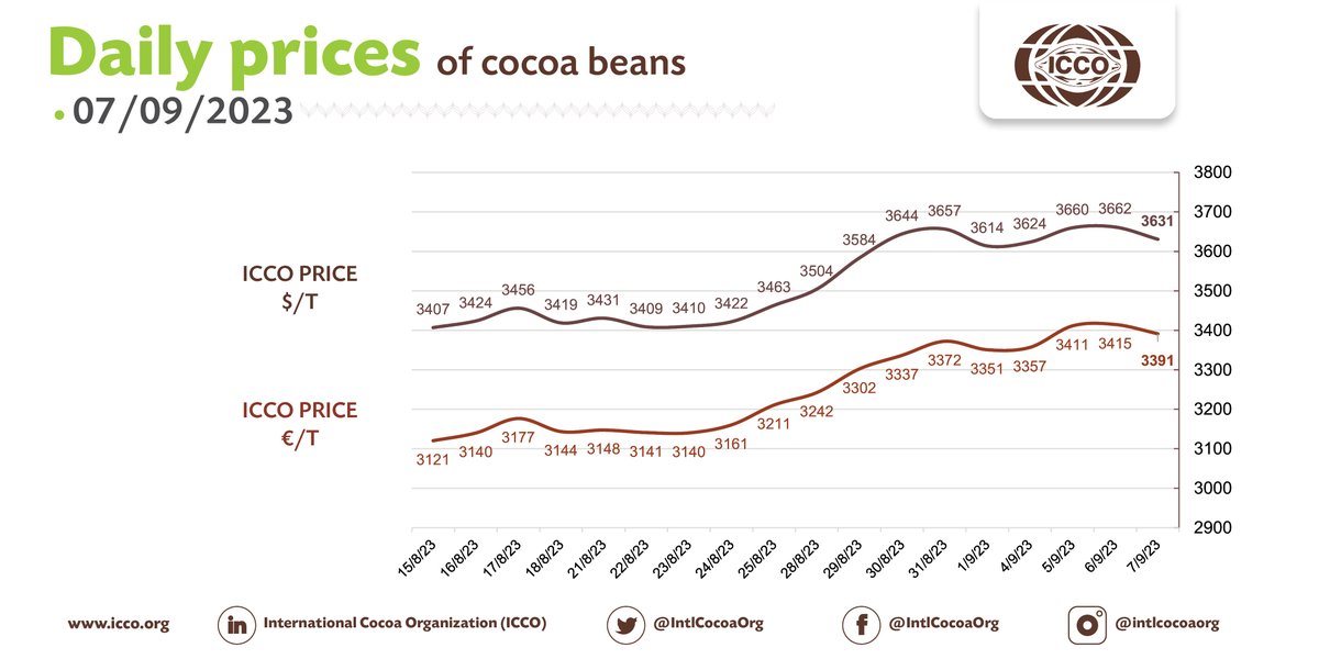 IntlCocoaOrg's tweet photo. 🔴 07/09/2023 #Cocoa Daily Prices - Prix du jour - Precios diarios - Ежедневные цены
 
💵 ICCO daily price - 3630.90 $/T
💶 ICCO daily price - 3391.44 €/T
 
More #cocoa statistical info in our webpage🔗https://t.co/ADxxkaZTDY

#ICCOCocoaHub #ICCOCocoaData #ICCOCocoaKnowledge https://t.co/ORrcm2HDwu