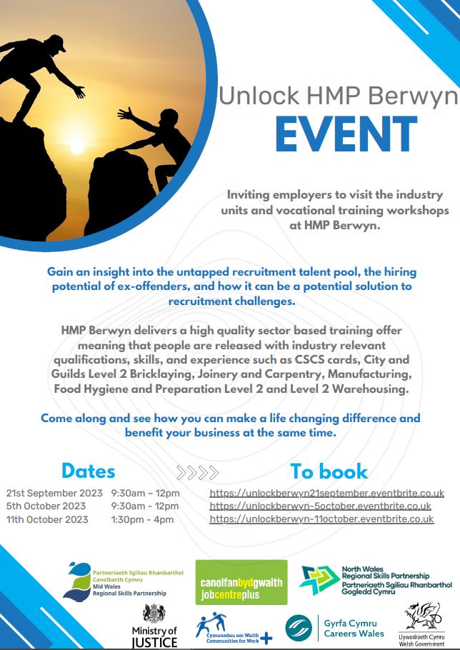 Mid Wales RSP is supporting @DWPgovuk Unlock HMP Berwyn events 👇 11 October - eventbrite.co.uk/e/unlock-hmp-b… ‘Recruiting individuals with the right skills for your business and help change the lives of ex-offenders through employment.’