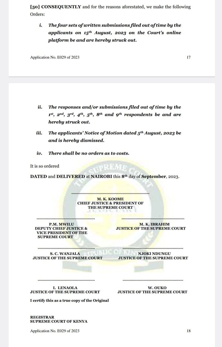 OkiyaOmtatah's tweet photo. The Supreme Court of Kenya has dismissed the case challenging the lifting of conservatory orders by the Court of Appeal on 28th July 2023. https://t.co/gFWvl1kIE7