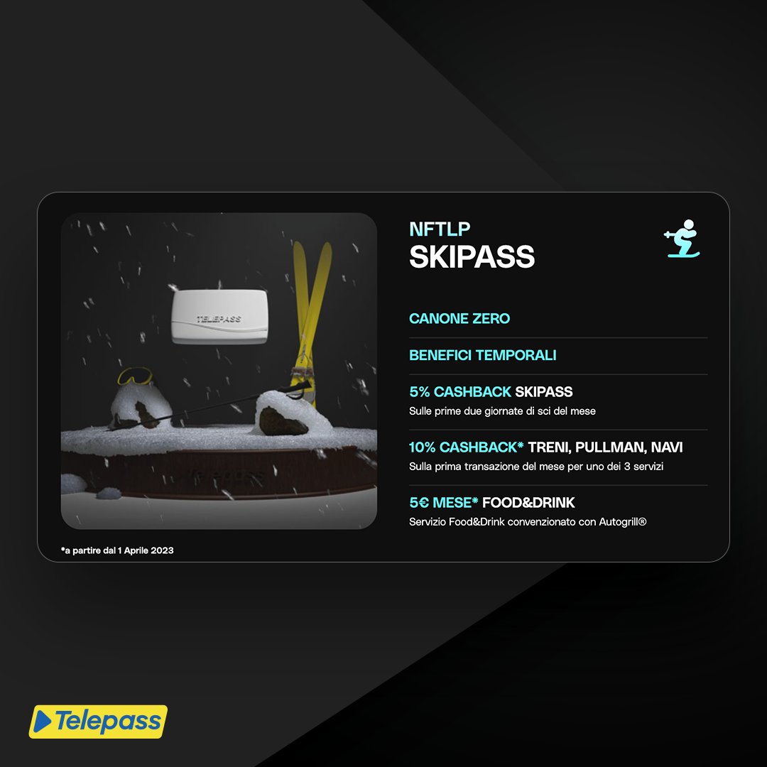 telepass's tweet photo. Quattro modi di innovare la mobilità, attraverso un solo modo di farlo: NFT Telepass.
Benefici per il mondo reale, da quello digitale.
https://t.co/bUjVnJT5ZI
#NFT #Telepass #NFTLP #Web3 https://t.co/1rkNdJhPWG