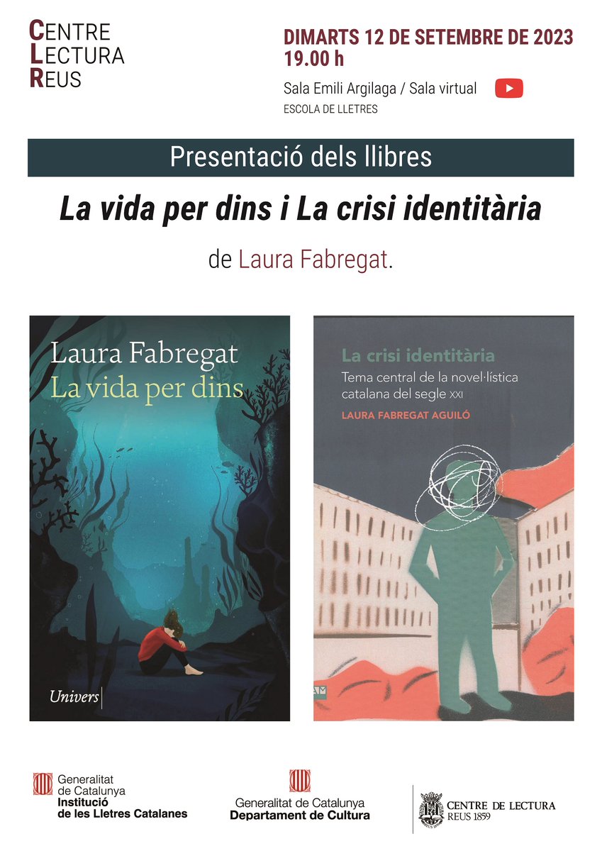 📖📖 Dimarts 12 de setembre, a les 19.00, presentem la novel·la «La vida per dins» i l'assaig «La crisi identitària. Tema central de la novel·lística catalana del segle XXI», de Laura Fabregat #Reus #CLR #joproposo <a href="/laufabregat/">Laura Fabregat</a> <a href="/ReusCultura/">Reus Cultura</a> <a href="/AgendaCultura/">Agenda Cultural de Catalunya</a> <a href="/laguiadereus/">La Guia de Reus</a>