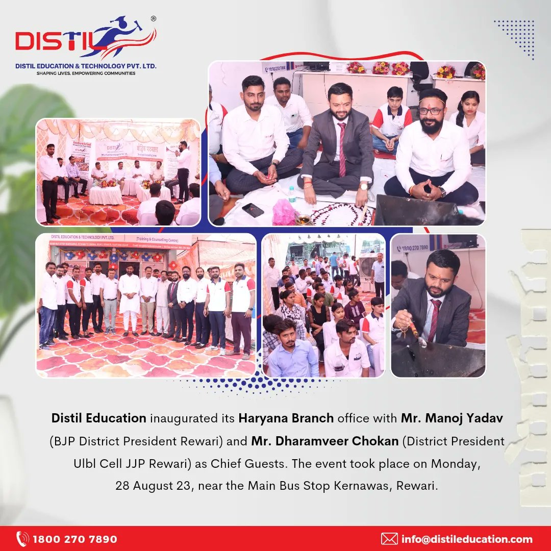 distiledutech's tweet photo. #DistilEducation marked the opening of its #HaryanaBranch office with a ceremony featuring Mr. Manoj Yadav, the BJP District President Rewari, and Mr. Dharamveer Chokan, the District President Ulbl Cell JJP Rewari, as honored chief guests. https://t.co/n164NsAVwO
