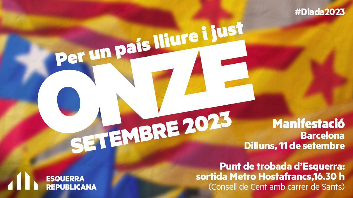 📢 Acompanya'ns a la *manifestació de la Diada* per reivindicar un país lliure i just. 

El punt de trobada serà:

🗓 *Dilluns, 11 de setembre*
⏰ *16:30h*
📍 *Sortida de metro d'Hostafrancs, Barcelona (Consell de Cent amb Carrer de Sants) - Columna de la llengua. 
T'hi esperem!