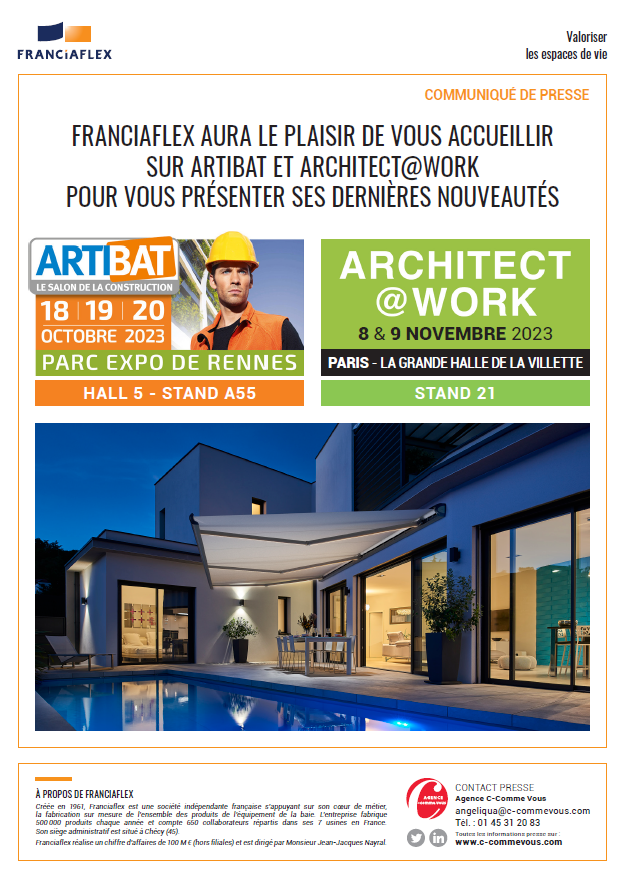 [ Prochains Rendez-vous Franciaflex ] 
Le spécialiste des fenêtres, stores, volets et portes aura le plaisir de vous accueillir les 18 et 19 octobre prochain sur le salon #Artibat et les 8 et 9 novembre sur le Architect@Work ! 

#salon #construction #btp