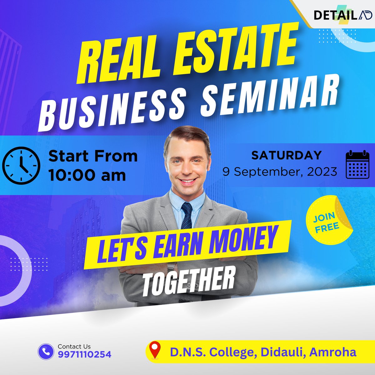 Detail_Ad's tweet photo. 🏡 Join us for an Exclusive Real Estate Business Seminar! 📈

📅 Date: September 8th 
🕙 Time: 10:00 AM 🏛️ Venue: DNS College, Didauli 
Don't miss out on this golden opportunity to grow your real estate business and income. 💰 https://t.co/GZPqRjDgh6