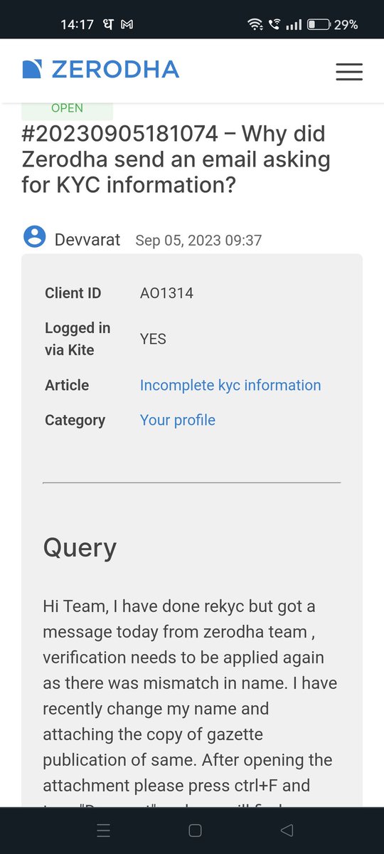 Devvarat's tweet photo. @zerodha @nikhilkamathcio @Nithin0dha why you support team is so afraid of giving a timeline in written over ticket ? They keep giving new timelines over phone call despite explicitly asking them to reply the same over ticket as well. https://t.co/nmuDFV6L4C