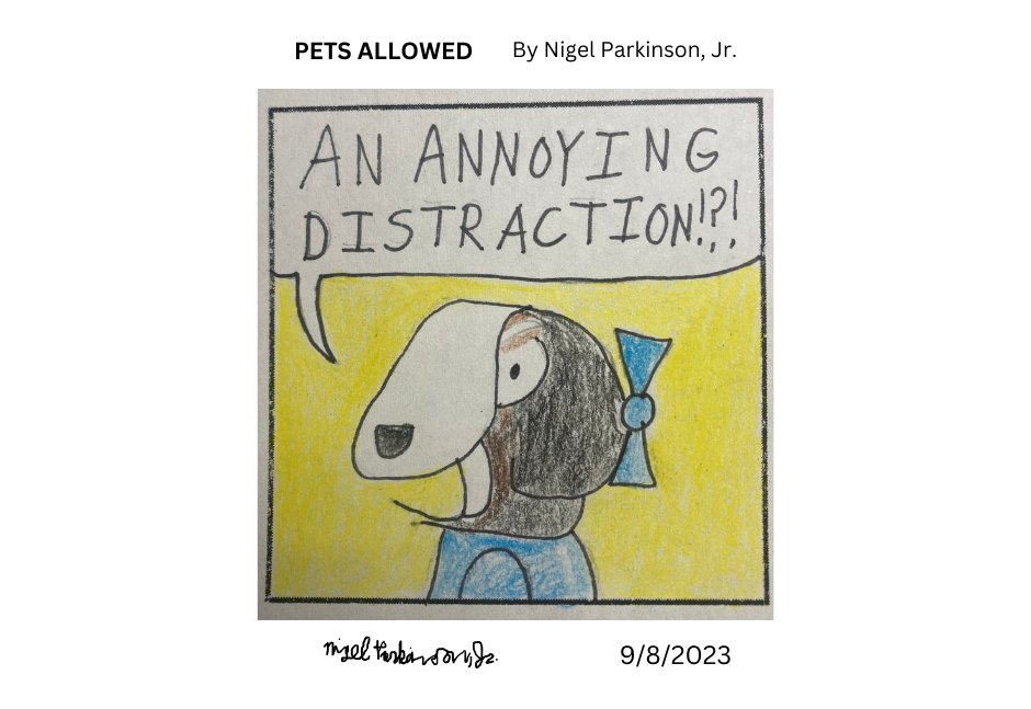 HandwritingwEle's tweet photo. Pets Allowed :: An Annoying Distraction!?!  
#comicstrip #coloredpencils 
#claudettethebernesemountaindog #petsallowed 
#art #artwork #character #pet #animal 
#traditionalart https://t.co/XvGFYWz2t3