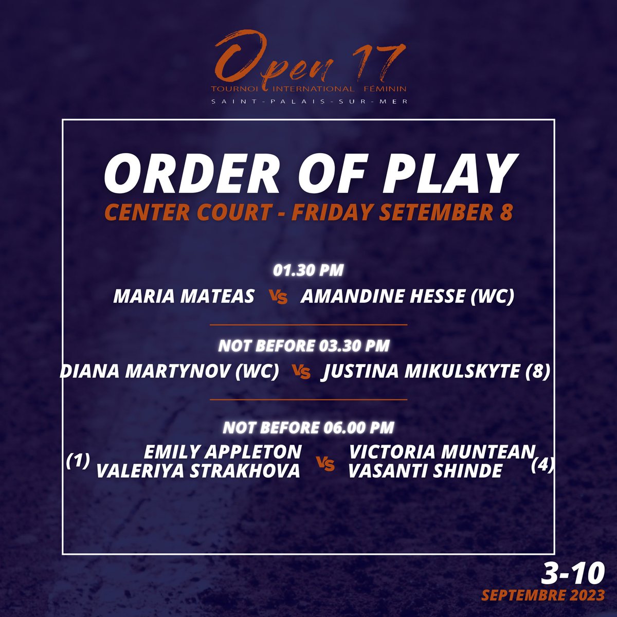Open17stpalais's tweet photo. 🚨𝙊𝙍𝘿𝙀𝙍 𝙊𝙁 𝙋𝙇𝘼𝙔🚨

Découvrez la programmation du 6ème jour d'Open 17 !👇😍

👊Quarts-de-finale en continu cet après-midi à partir de 13H30 𝗘𝗧 la finale du double pas avant 18H.

🗓03-10 septembre 2023
📍Saint-Palais-sur-mer https://t.co/I4xeMvgHU5