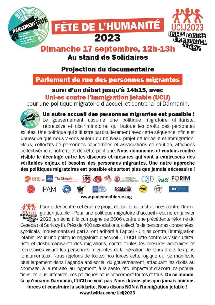 Parlement de rue migrant.es (@parlementderue) on Twitter photo 📢Rdv le 17 septembre à la <a href="/FetedelHumanite/">Fête de l'Humanité</a> sur le stand de <a href="/UnionSolidaires/">Union syndicale Solidaires</a> pour une projection de notre documentaire "Parlement de rue pour d'autres politiques migratoires. De l'idée à la représentation", suivi d'un débat de <a href="/Ucij2023/">Ucij 2023</a> !
#NonLoiAsileImmigration 📢Rdv le 17 septembre à la <a href="/FetedelHumanite/">Fête de l'Humanité</a> sur le stand de <a href="/UnionSolidaires/">Union syndicale Solidaires</a> pour une projection de notre documentaire "Parlement de rue pour d'autres politiques migratoires. De l'idée à la représentation", suivi d'un débat de <a href="/Ucij2023/">Ucij 2023</a> !
#NonLoiAsileImmigration