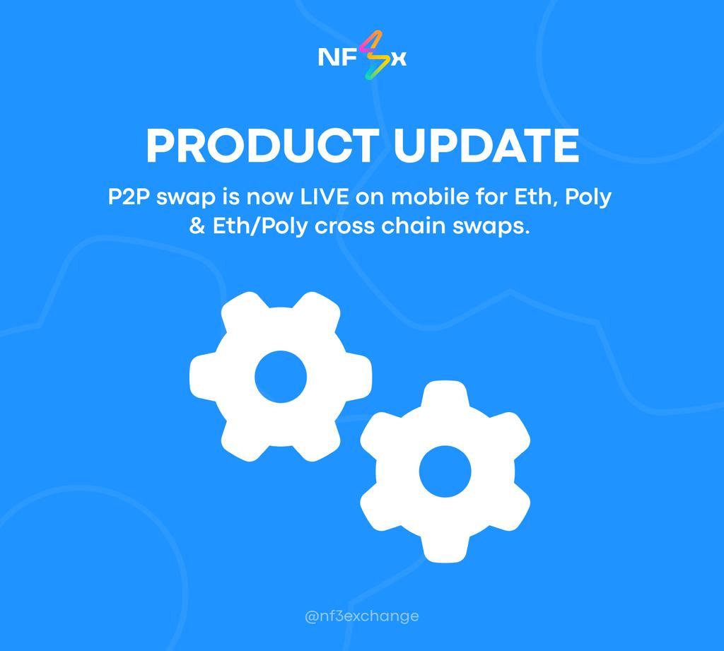 nf3exchange's tweet photo. Gm swappers.

You can now swap whilst on the move!

P2P Swap is now LIVE on mobile for Eth, Poly and Eth/Poly cross-chain swaps.

Any questions or issues, please launch a ticket in our discord. We are here to help.

Happy (mobile) swapping.

♥️💛🩵🧡🩷💚 https://t.co/UEXDZ8Ux2E