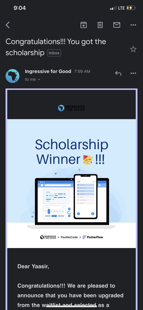 adeyemoyaasir5's tweet photo. I just won the #I4GNoCode Scholarship. I'll be embarking on a journey to learn and build a career in tech with @ingressive4Good @paul_okoduwa and @flutterflow.io . Having been a Tech mogul, this is another super life changing opportunity for me and my team mates out there. https://t.co/jqMH3Hdu25